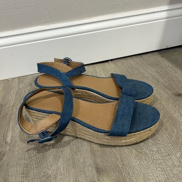 LOFT Blue Tan Espadrilles Wedge Platform Ankle Strap Sandal Women’s Size 9 - Picture 1 of 7